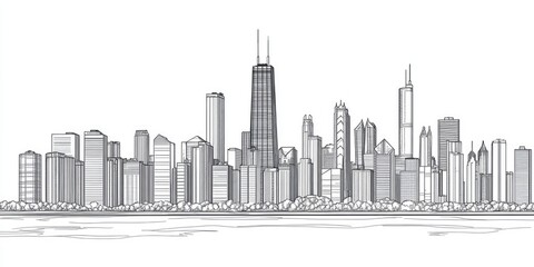 Obraz premium Chicago Skyline Line Art. Simplified Drawing of American Architecture and Panorama