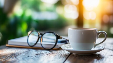 "Morning Inspiration: Notebook, Glasses, and Coffee Cup on a Wooden Table with a Softly Blurred Background"