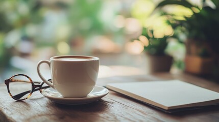 "Cozy Workspace: Wooden Table with Notebook, Glasses, and Coffee Cup Against a Dreamy Blurred Backdrop"