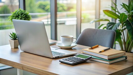 Fototapeta premium A tidy desk with a laptop, calculator, and stacked credit cards, symbolizing responsible financial management, organization, and smart money decisions in a modern workspace setting.