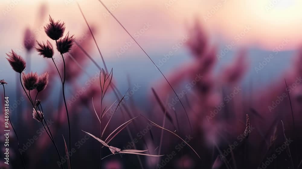 Poster softly focused image of delicate wild grasses and seed heads in a warm, sunlit field with a hazy pin