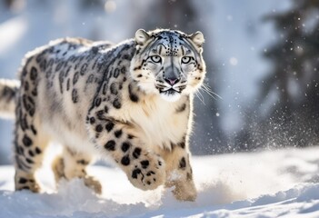 Fototapeta premium A Dramatic Action Shot Of A Beautiful Snow Leopard Chasing Down Its Prey Across A Snowy Landscape