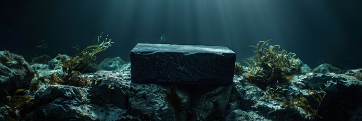 Dark podium set against a rock background, ideal for showcasing products 3D stage scene combines