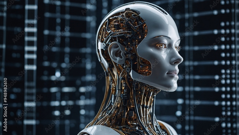 Poster abstract representation of artificial intelligence against a technological web backdrop.