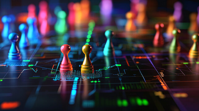 A 3D investment strategy board with animated strategic markers, symbolizing the planning and execution of investment strategies 