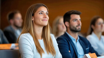 Young students sitting in a lecture hall, listening attentively, representing education, learning, and academic focus.