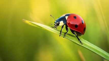 Fototapeta premium A ladybug perched atop a verdant grass blade, legs spread in a wide stance