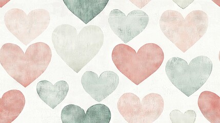 Fototapeta premium A series of pastel heart paintings in shades of pink, green, gray, and white on a white canvas