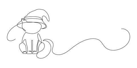 Halloween. Black cat in witch hat. Continuous line drawing.