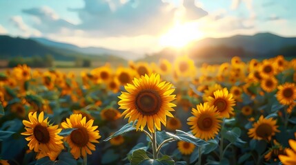 Fototapeta premium A field of sunflowers with a single sunflower in the foreground