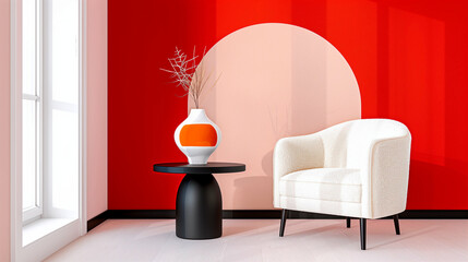 Chair in modern interior with decorative vase and red accent wall