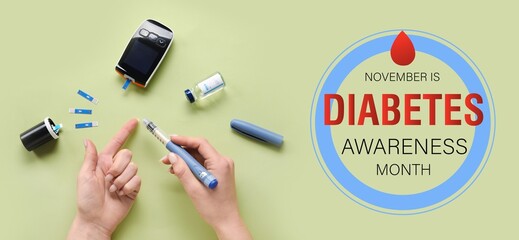 Woman using lancet pen on green background. Banner for Diabetes Awareness Month