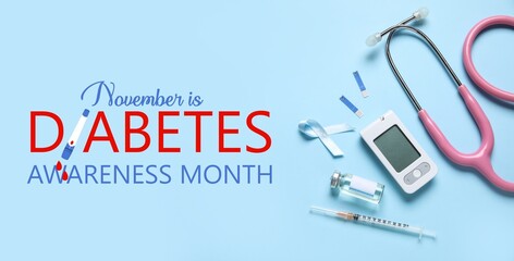 Awareness ribbon, insulin, glucometer and stethoscope on light blue background. Banner for Diabetes Awareness Month