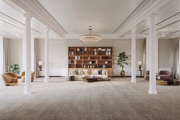 Fototapeta premium Grand Elegance: A spacious, sunlit hall adorned with classical columns and a stately bookshelf, exuding an aura of refined luxury. 