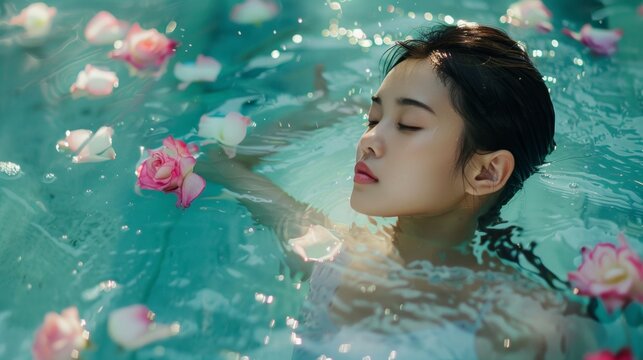 Young woman relaxing in a tranquil pool surrounded by soft rose petals on a sunny afternoon during spring - Powered by Adobe