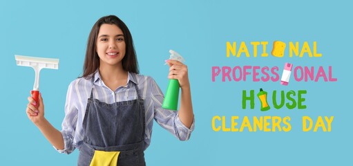Banner for National Professional House Cleaners Day with female janitor