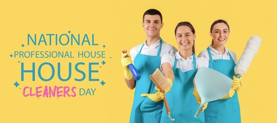 Banner for National Professional House Cleaners Day with group of janitors