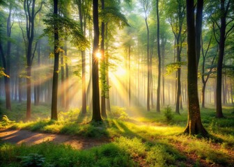 Blurred forest morning with dappled sunlight and gentle mist sense of tranquility