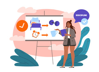 Woman with discipline. Young girl with fitness, early morning and proper nutrition. Motivation and planning. Person with active and healthy lifestyle. Flat vector illustration isolated on background