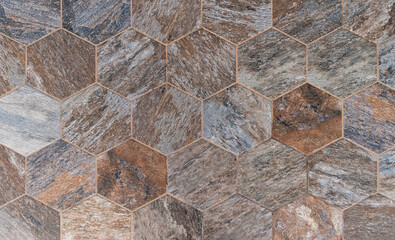 Wall texture with hexagons in brown, blue, gray, and beige