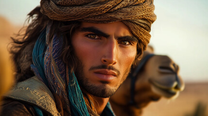 AI generated photo of an arabic nomad with turban walking trough the desert with his camel. close up view