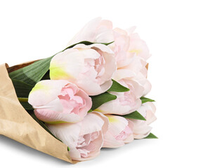 Bouquet of artificial tulips on white background