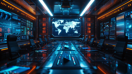 Fototapeta premium Virtual boardroom with futuristic chairs, where AI avatars discuss market trends and strategies-1