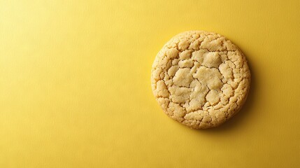   A cookie with a nibble missing sits on a yellow table with a yellow mug of coffee