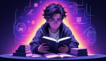 boy readings books with cyberpunk style 