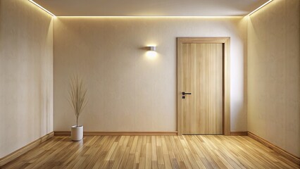 Brightly lit modern minimalist room with sleek wooden floor, cream-colored walls, and a single, solid wooden door with a sleek silver doorknob.