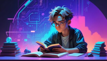 boy readings books with cyberpunk style 