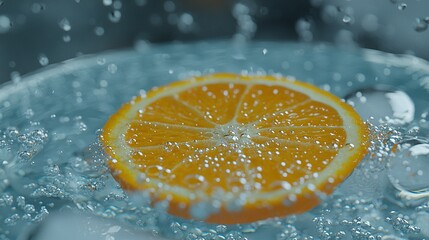   Close-up of an orange slice in a water bowl with droplets nearby