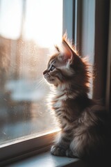 Adorable Kitten Gazing Out the Window at Sunset