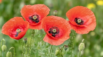   Red flowers cluster in a sea of green, surrounded by yellow blooms Bee buzzes atop the central blossom