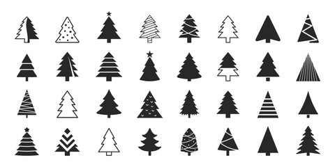 Christmas Tree icon Big set. Logo and symbol x-mas tree. Vector illustration