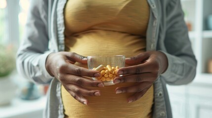 Expectant mother taking prenatal vitamins maternal medication promoting belly wellness preparing for newborn arrival