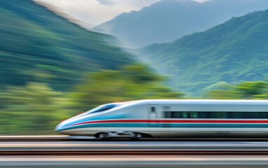 Obraz premium A high-speed train in motion at the station, a blue and white modern high-speed bullet train with a red stripe on the roof. with mountain