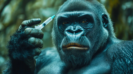 Obraz premium Mpox. Gorilla holding syringe with a curious expression. Outbreak of the MPXV virus.