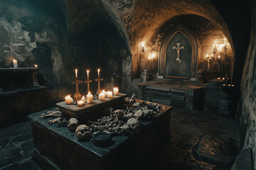 A haunting crypt filled with ancient relics and the bones of the forgotten resting in shadows