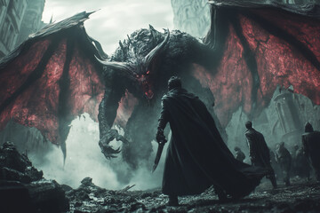A powerful vampire battles a colossal creature in a desolate urban landscape amid dark clouds and swirling mist