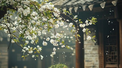  A tree with white flowers dangles from its branches in front of a building with a Chinese-style roof