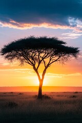 Fototapeta premium Stunning Silhouette of Acacia Tree at Sunset in African Savanna