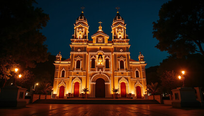 Obraz premium A beautifully illuminated Indian church adorned with festive lights for a traditional midnight mass celebration
