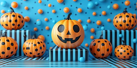 Colorful pumpkins decorated with cheerful polka dots and creative carvings stand against a matching blue and orange background.