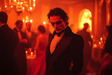 Dracula's shadowy presence at a grand ball, concealing his true nature among elegant dancers in a dimly lit ballroom