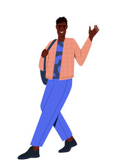 Person greeting concept. African American man wave hands. Cheerful person in casual clothes with bag says hello. Cute young guy. Flat vector illustration isolated on white background