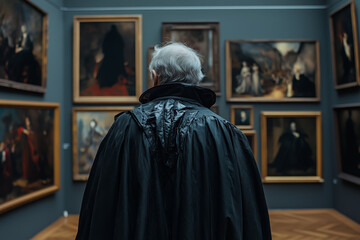 Dracula explores an art gallery filled with historic paintings and classical mastery during an enchanting evening