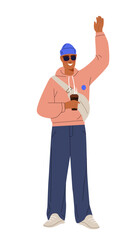 Person greeting concept. Man wave hands. Cheerful person in casual clothes with bag shows hand gesture and says hello. Cute young guy. Flat vector illustration isolated on white background