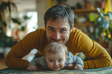 A devoted father engages in a single arm plank workout while his baby smiles in a cozy home setting during the afternoon