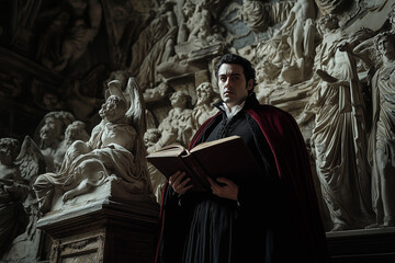 Naklejka premium Greek Dracula experiences a divine encounter among ancient sculptures in a mystical cavern at twilight